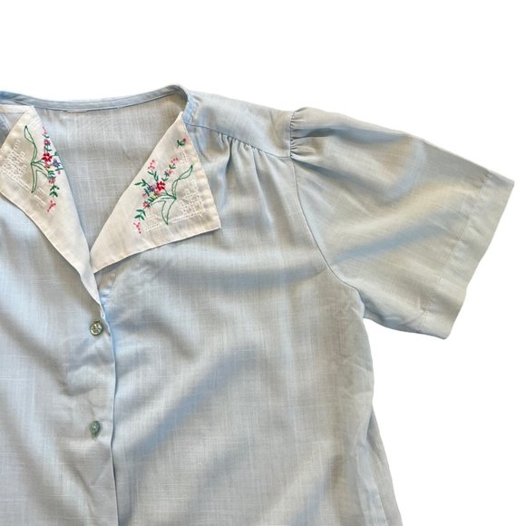 Vintage Semi Sheer Pastel Blue Floral Embroidered Blouse - Picture 2 of 6